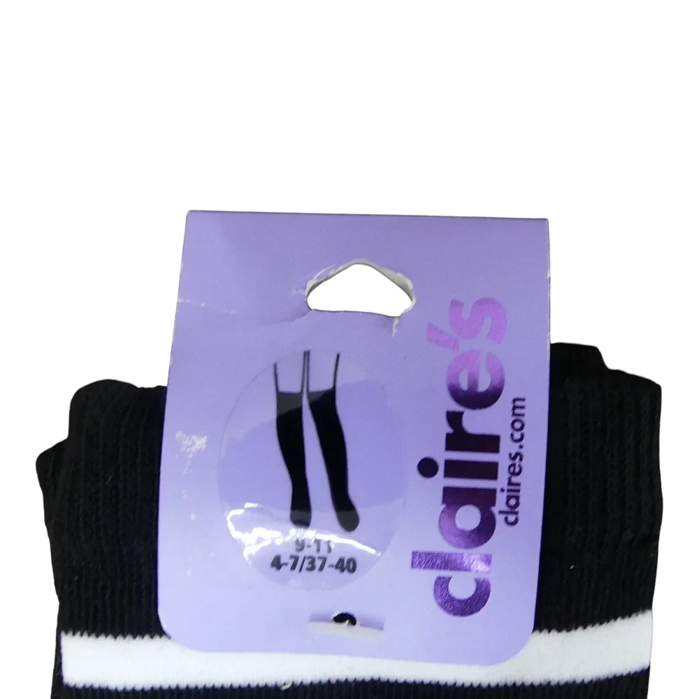 Claire's Knee High Socks Girls 9-11 Black #SQUAD Graphic Sporty Striped